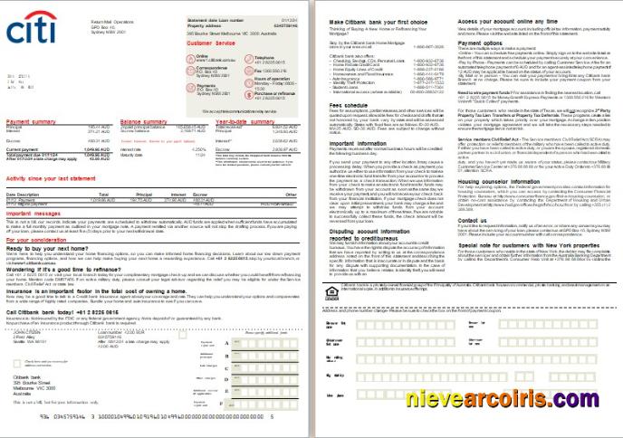 Australia Citibank bank mortgage statement, 2 pages, 1-2